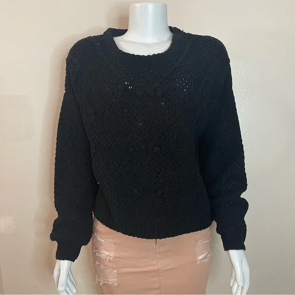 Black crew neck dropped shoulders ribbed trims knit sweater - Picture 1 of 9